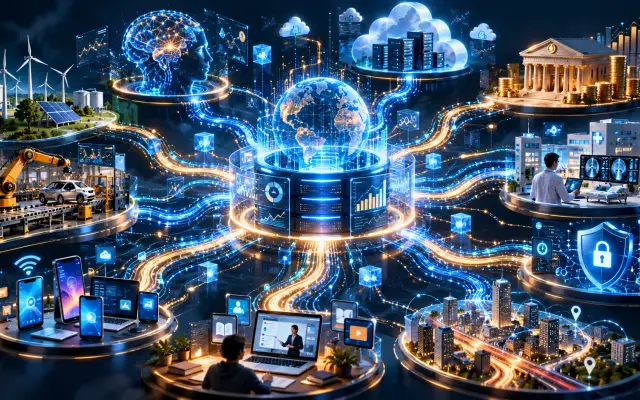 a glowing analytical data core at the center, connected naturally to artificial intelligence, cloud computing, banking, healthcare, cybersecurity, robotics, smartphones, industrial systems, and digital services.