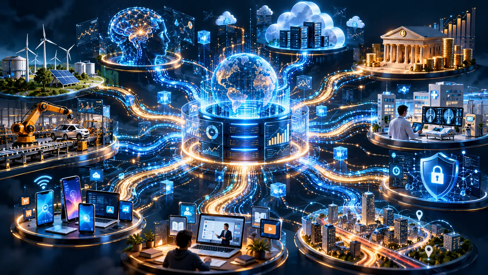 a glowing analytical data core at the center, connected naturally to artificial intelligence, cloud computing, banking, healthcare, cybersecurity, robotics, smartphones, industrial systems, and digital services.
